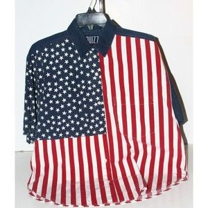 Quizz New York Mens Shirt SZ L Star Spangled Banner Patriotic Short Sleeve EUC